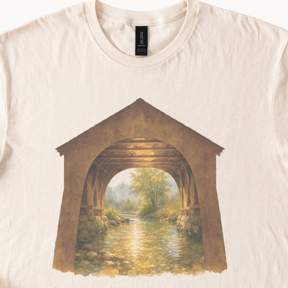 Covered Bridge Looking Out Over a Rocky Stream Tee